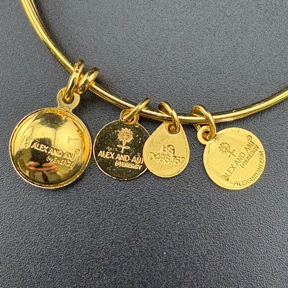 Alex & Ani Gold Tone Blue Rivoli Rhinestone Charm Bracelet - Picture 2 of 3